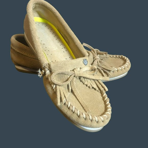 Minnetonka Light Brown Suede Moccasins Womens Sz 5 Fringe Boho - Picture 2 of 6